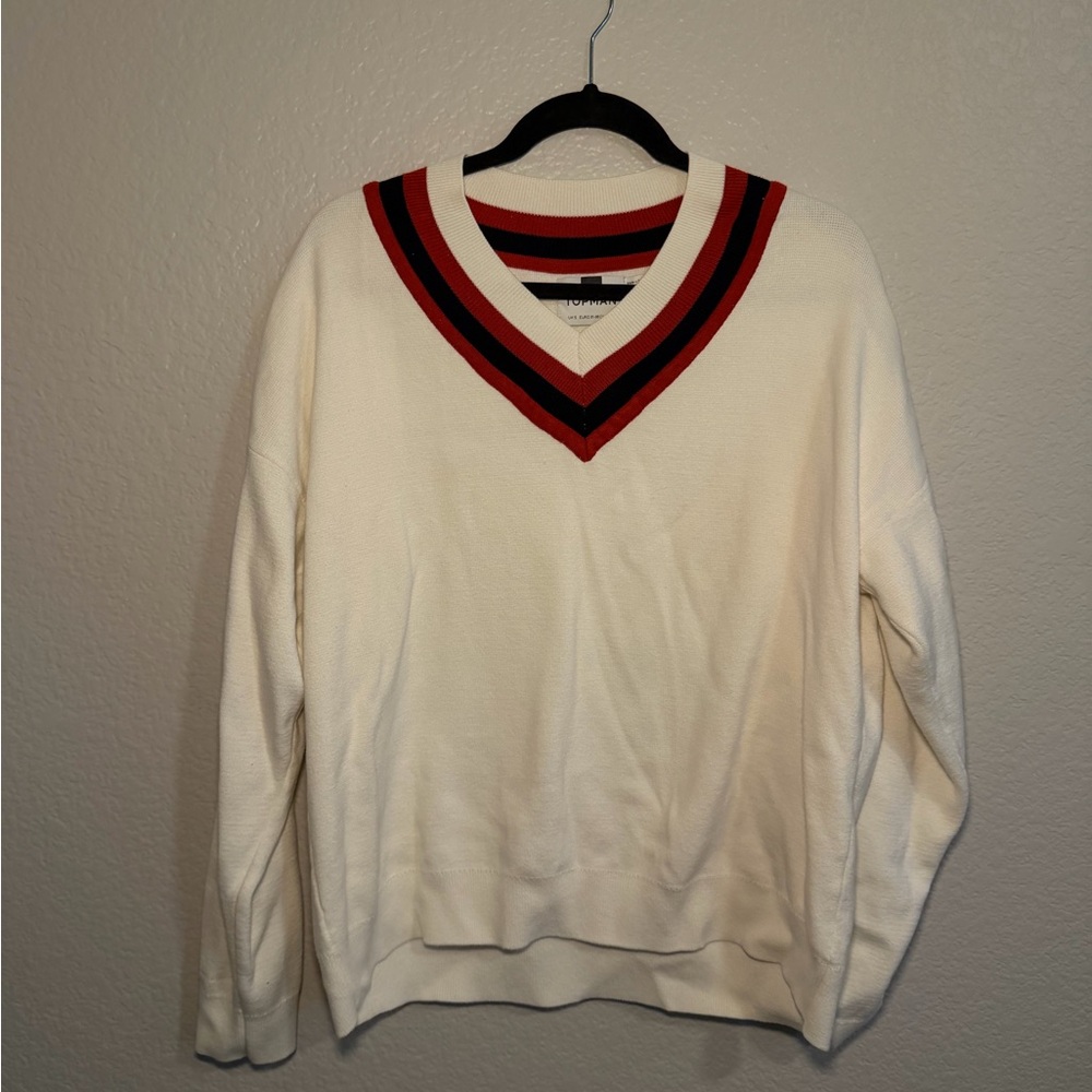 Topman V-Neck Sweater in Cream with Red and Blue Stripes